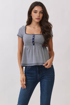 JT57348S - STRIPE SQUARE NK HENLEY BABYDOLL TEE
