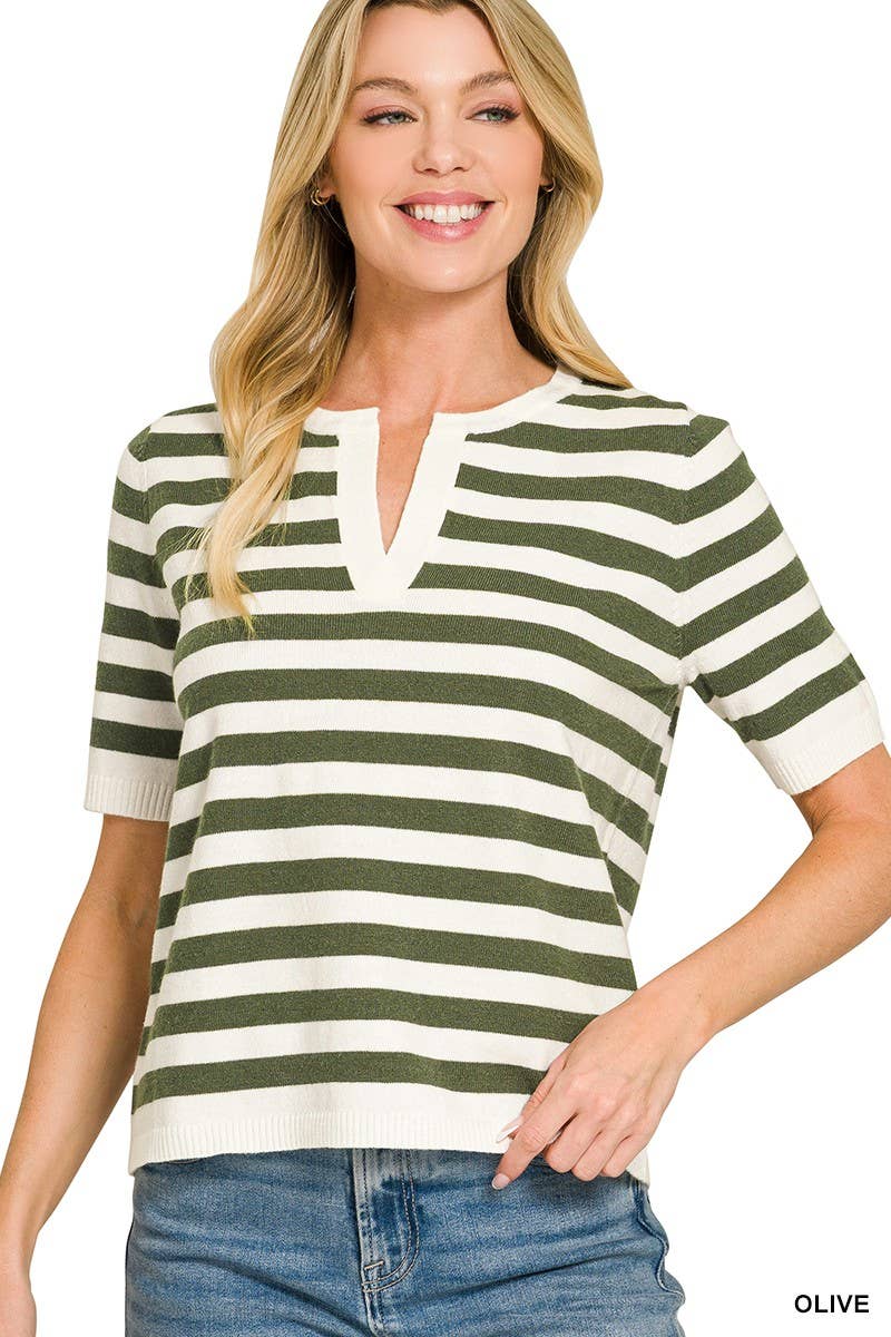 Split Neck Stripe Short Sleeve Sweater