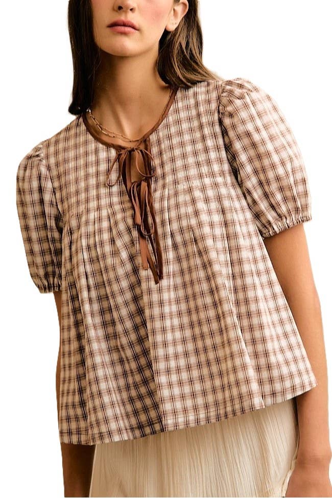 Plaid Check Pintuck Short Sleeves Blouse Top