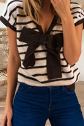 Reversible Striped Plush Knit Top with Bow Accent (S-XL)