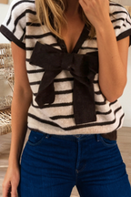 Reversible Striped Plush Knit Top with Bow Accent (S-XL)