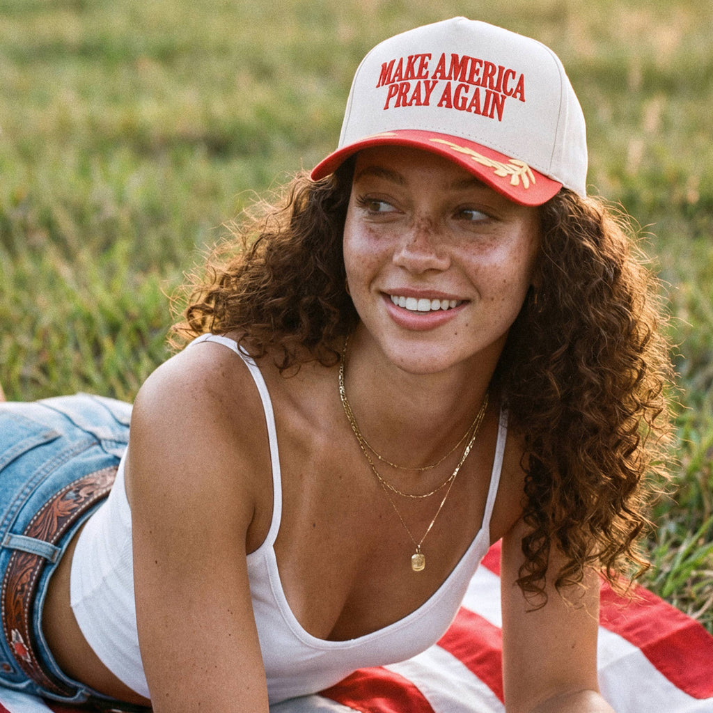 C.C MAKE AMERICA PRAY AGAIN Letter on Two Tone Trucker Hat