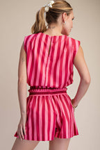 Stripe Top With Padded Shoulder and Elastic Waist