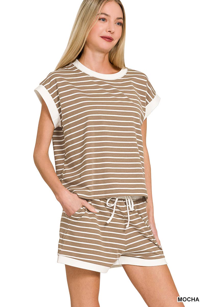 Stripe Contrast Trim Top & Shorts Set