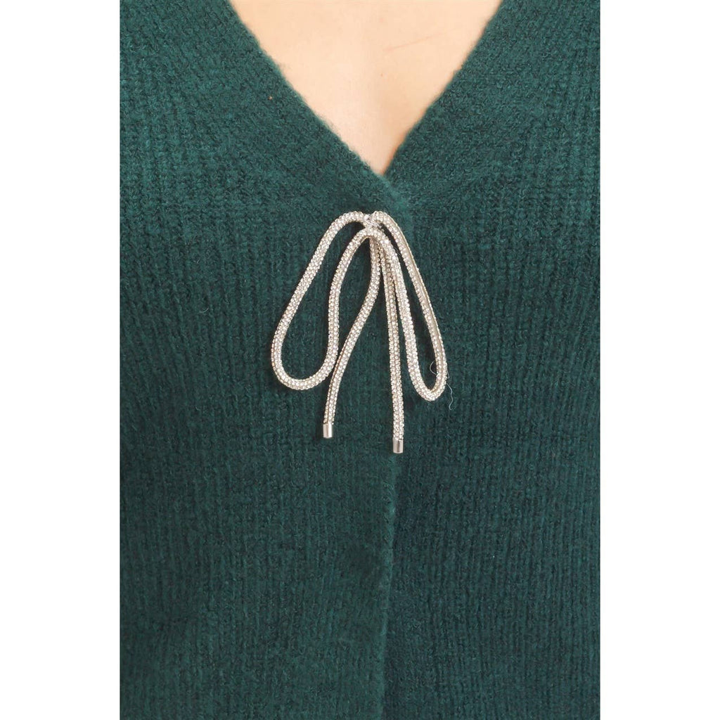 Rhinestone Bow Tie-Front Sweater