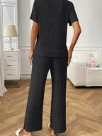 Ribbed Knit Short Sleeve Lounge Set Wide Leg Pants