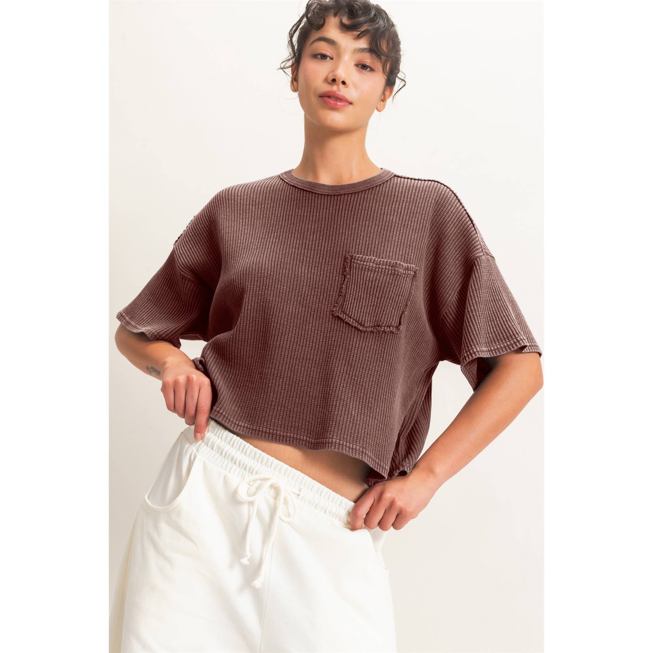 Mineral Wash Waffle Knit Pocket Top