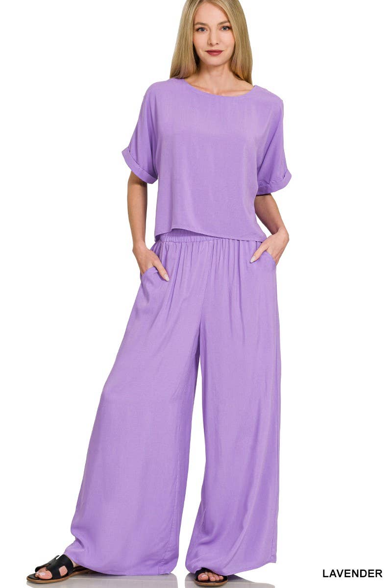 Woven Short Sleeve Long Pants Set