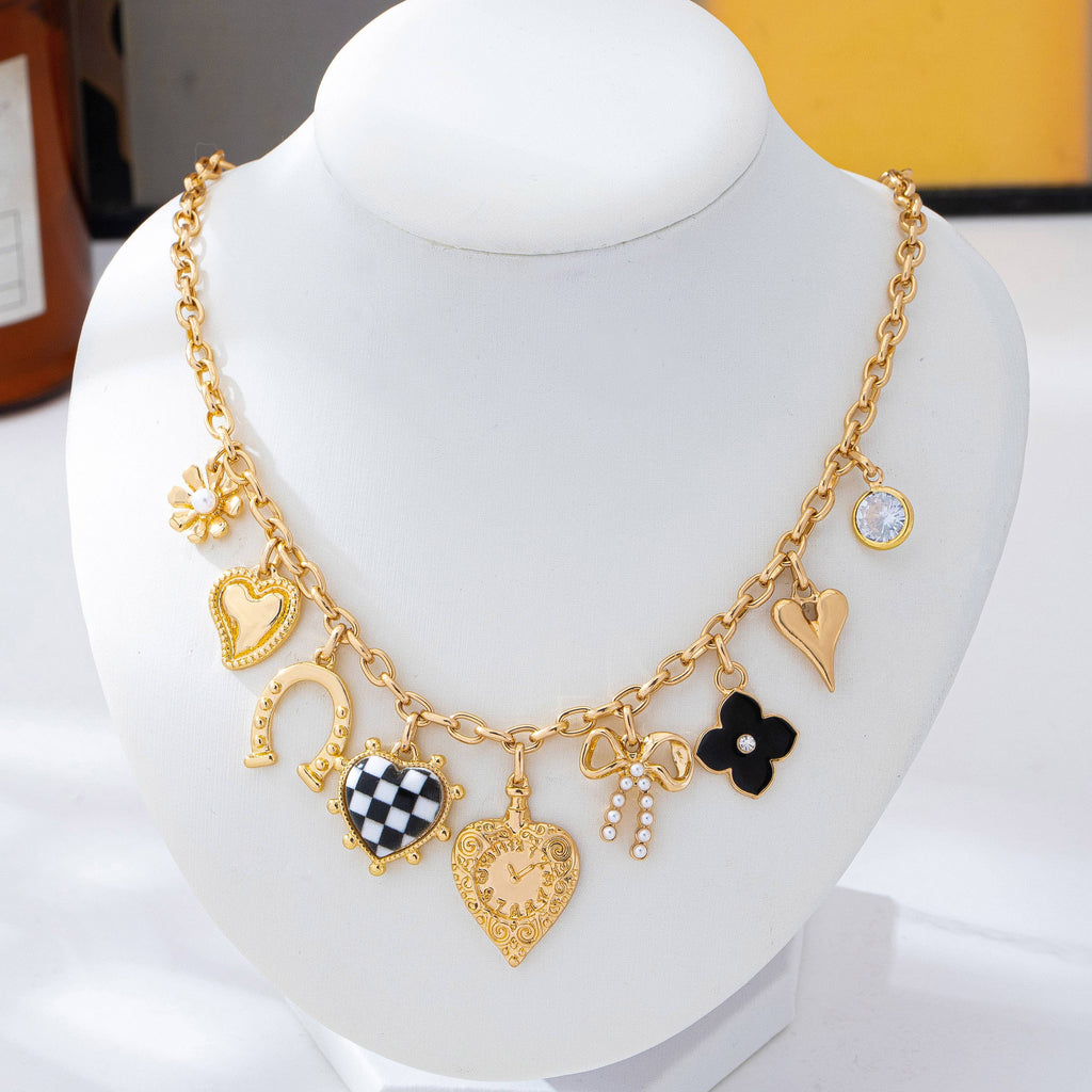 Checkered HeartPearl Bow Multi-Charm Link Necklace| 80N93113