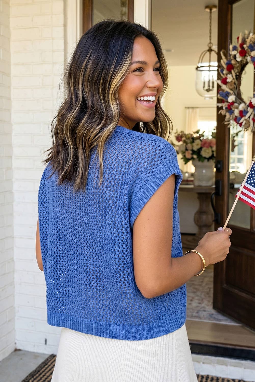LAS Flag Graphic Short Sleeve Sweater Top (S-XL)