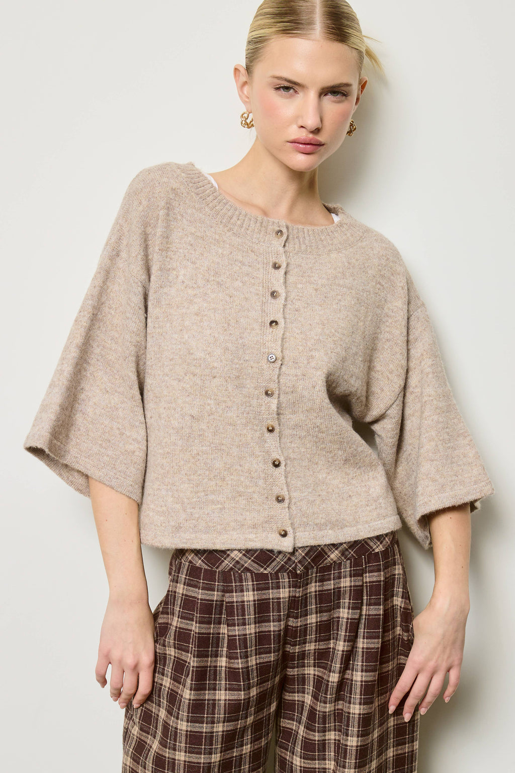 Wide Sleeve Button Front Knit Cardigan