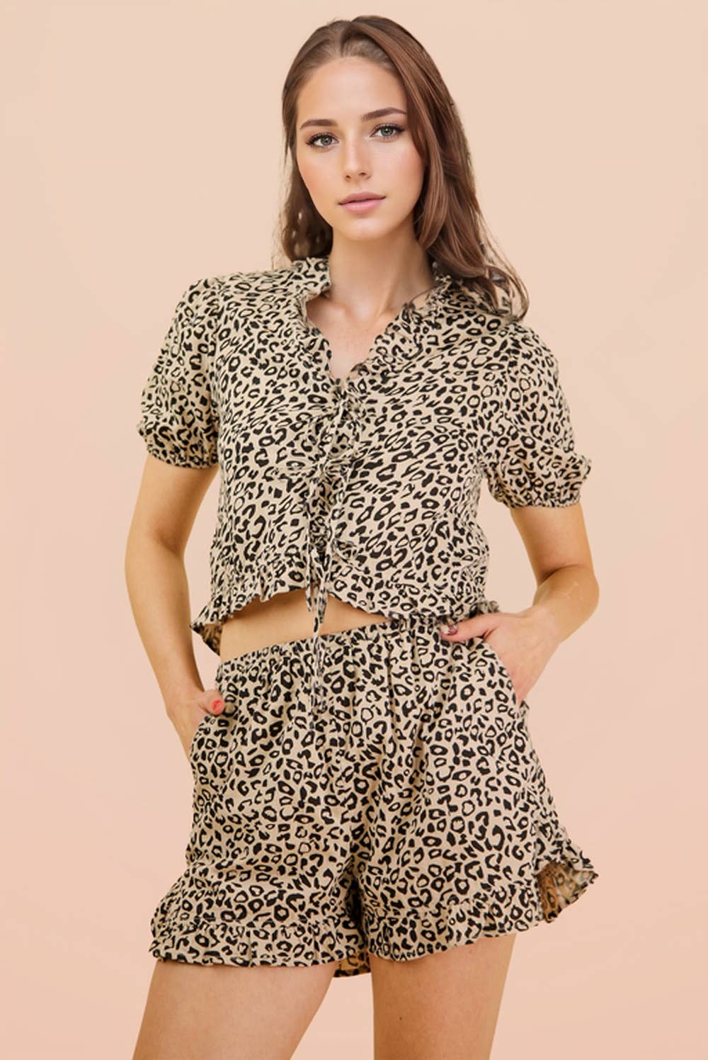 NT12066SET-Leopard Printed Woven Top & Shorts Set