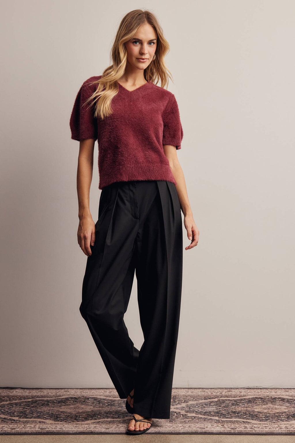 Fuzzy V-Neck Knit Top FSW0105