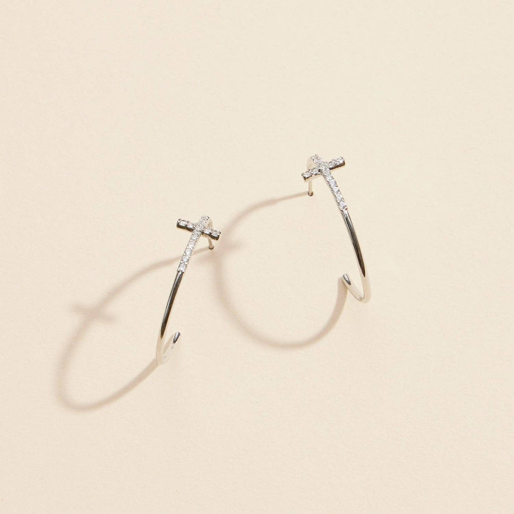Gold Dipped CZ Cross Open Hoop Earrings