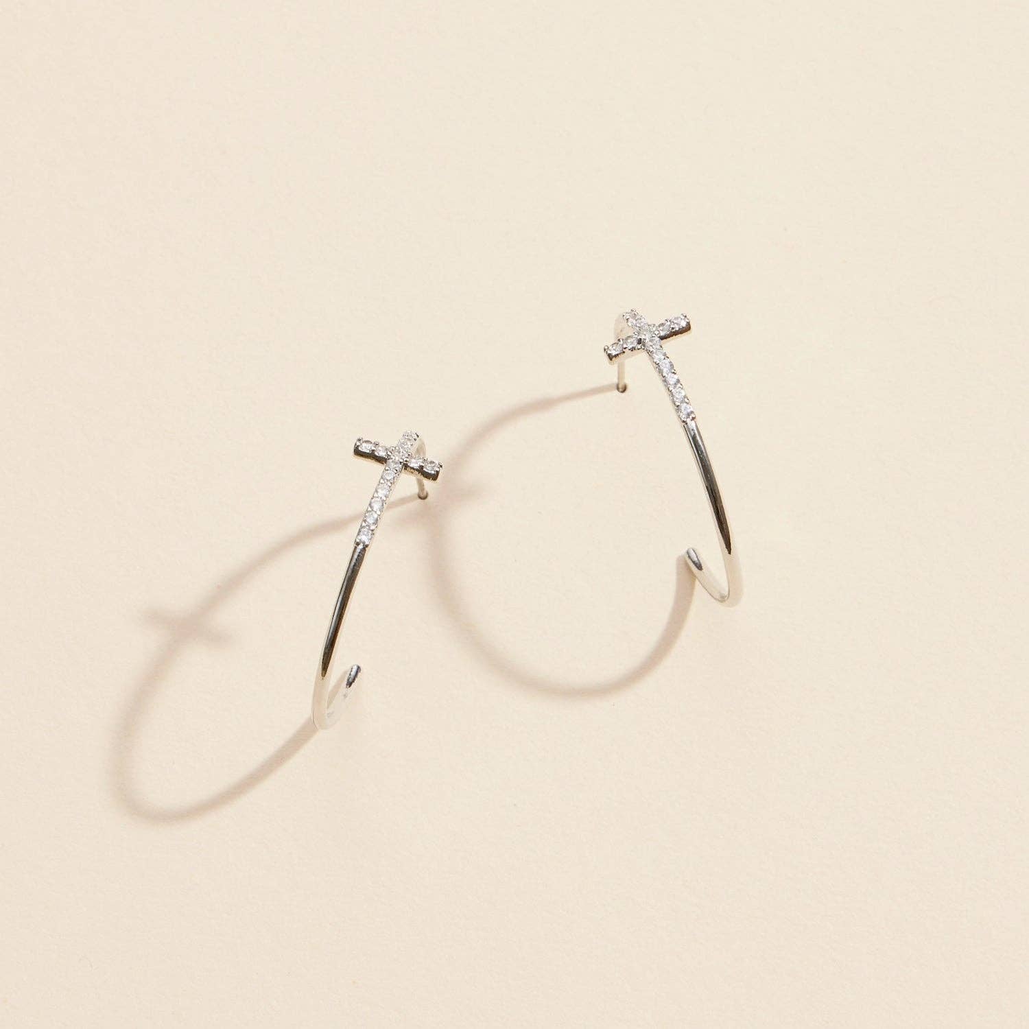 Gold Dipped CZ Cross Open Hoop Earrings