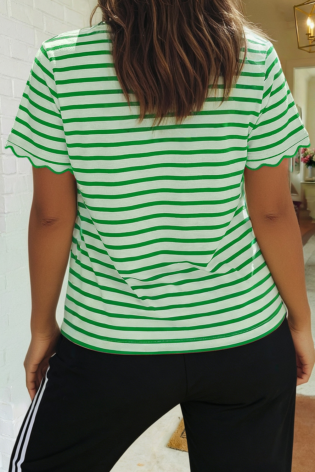 Stripe Scalloped Trim Round Neck Shirt