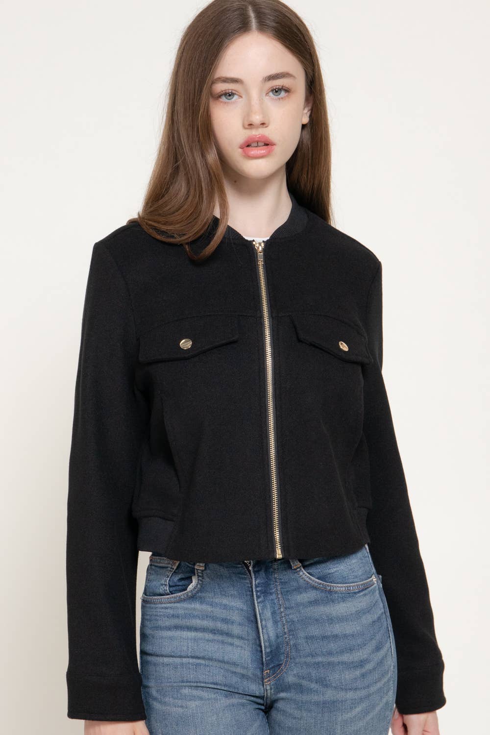 Long Sleeve Crew Neck Felt Jacket with Pocket Flap Detail