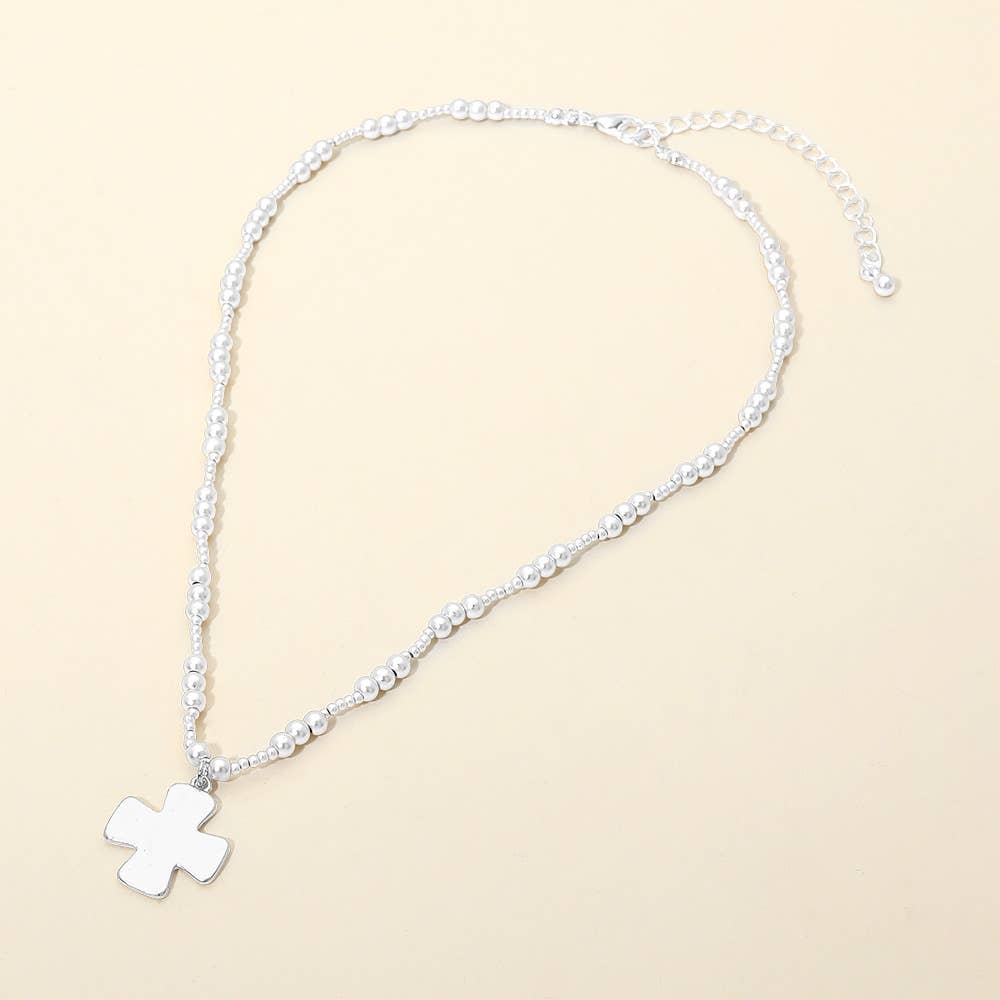 Brushed Hammered Metal Cross Pendant Beaded Chain Necklace