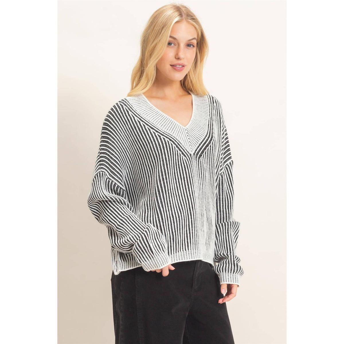 Striped V-Neck Ribbed Sweater
