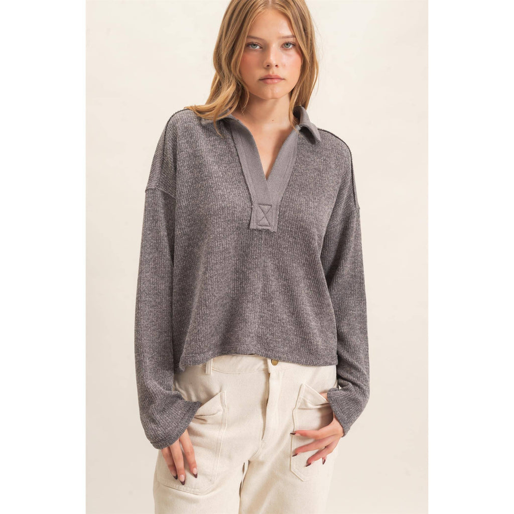 Ribbed Collared Pullover Top