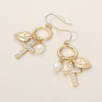 Cross Heart Pearl Charm Drop Dangle Earrings