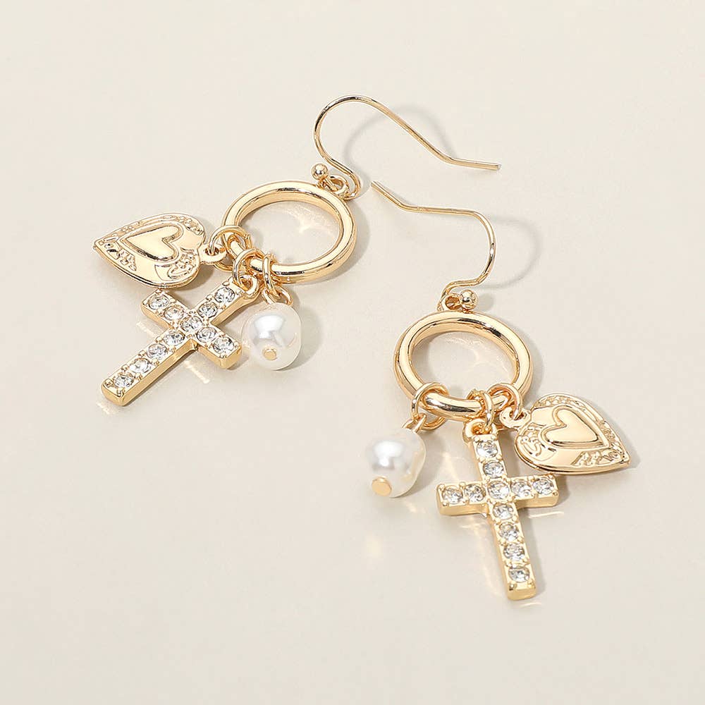 Cross Heart Pearl Charm Drop Dangle Earrings