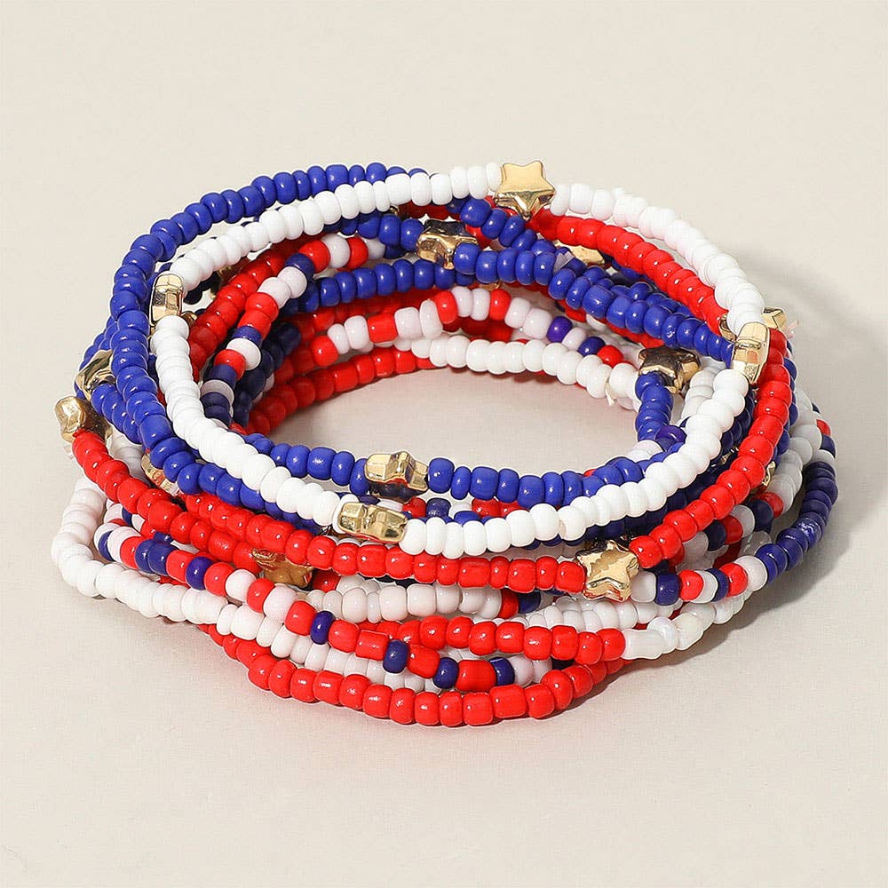 14PCS - American USA Star Beaded Stretch Multi Bracelets