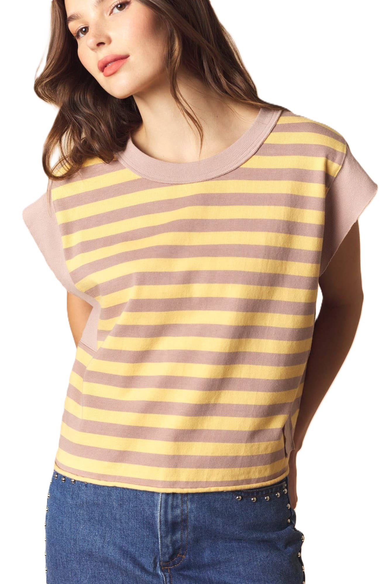 Stripe Cotton And Solid Rib Oversized Sleeveless Top