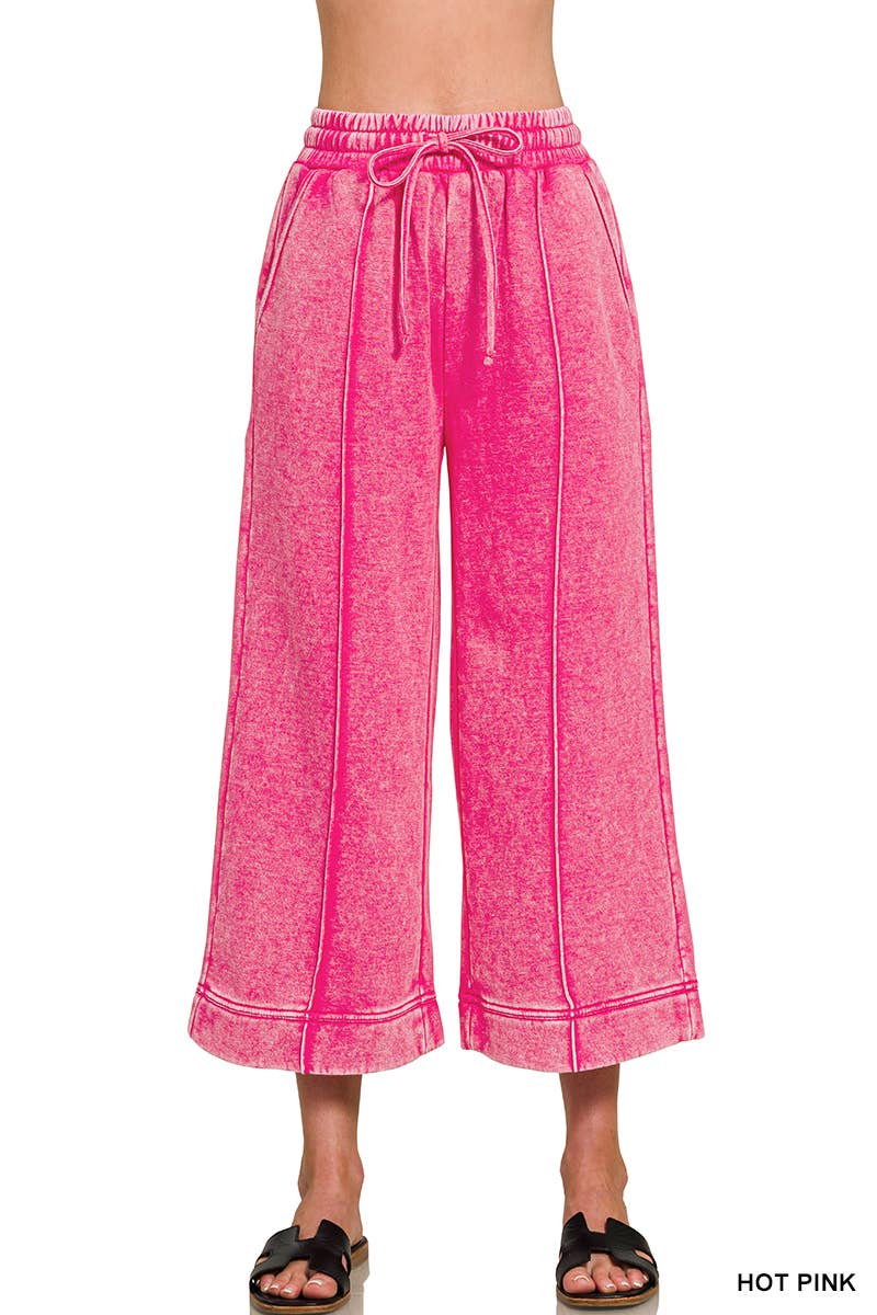 Acid Washed Fleece Pintuck Wide Leg Cropped Pants w/ Pockets