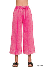 Acid Washed Fleece Pintuck Wide Leg Cropped Pants w/ Pockets