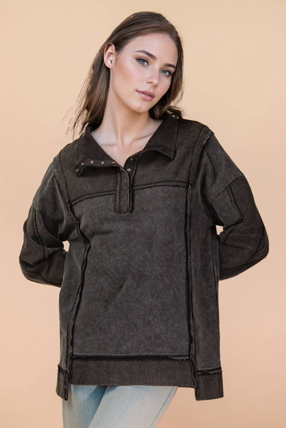 NT12365-Half Button Down Oversized Contrast Knit Top