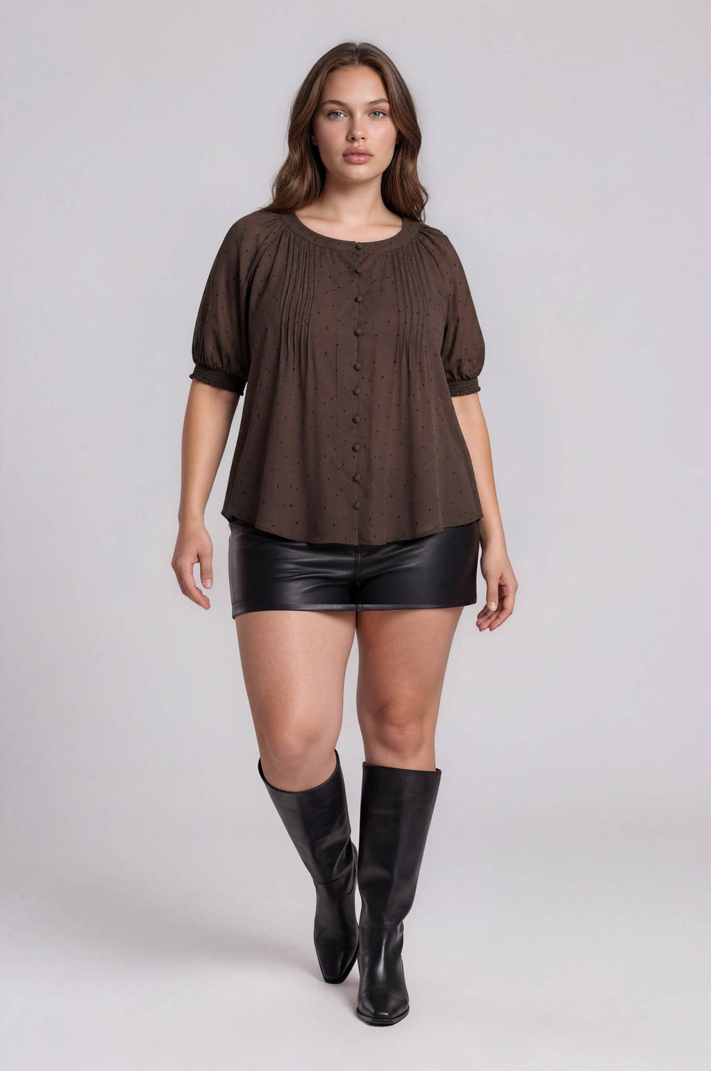 PLUS PINTUCK POLKA DOT BUTTON DOWN PUFF SLEEVE TOP