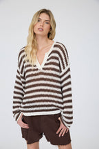 STRIPE RAW EDGE SPLIT NECK SHEER KNIT SWEATER