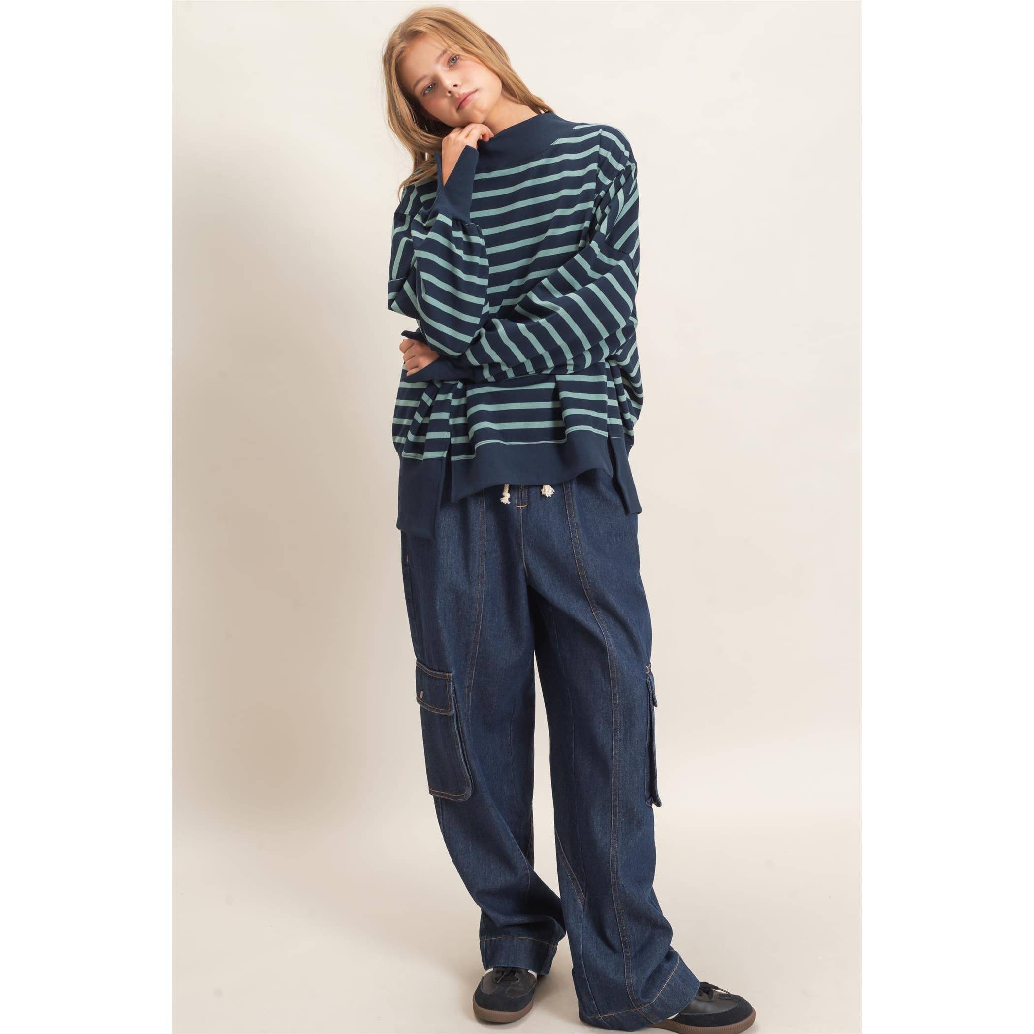 Striped Mock Neck Sweatshirt