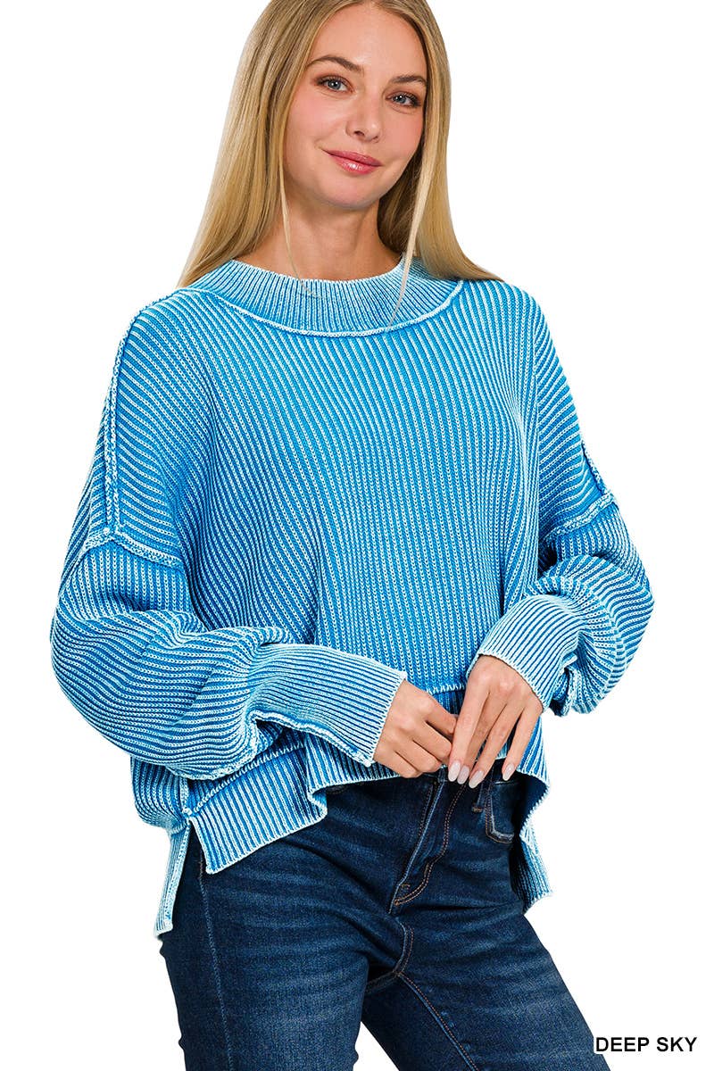 Washed Side Slit Oversized Cropped Sweater