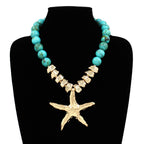 Bold Texture Metal Starfish Pendant Accent Beaded Statement Necklace