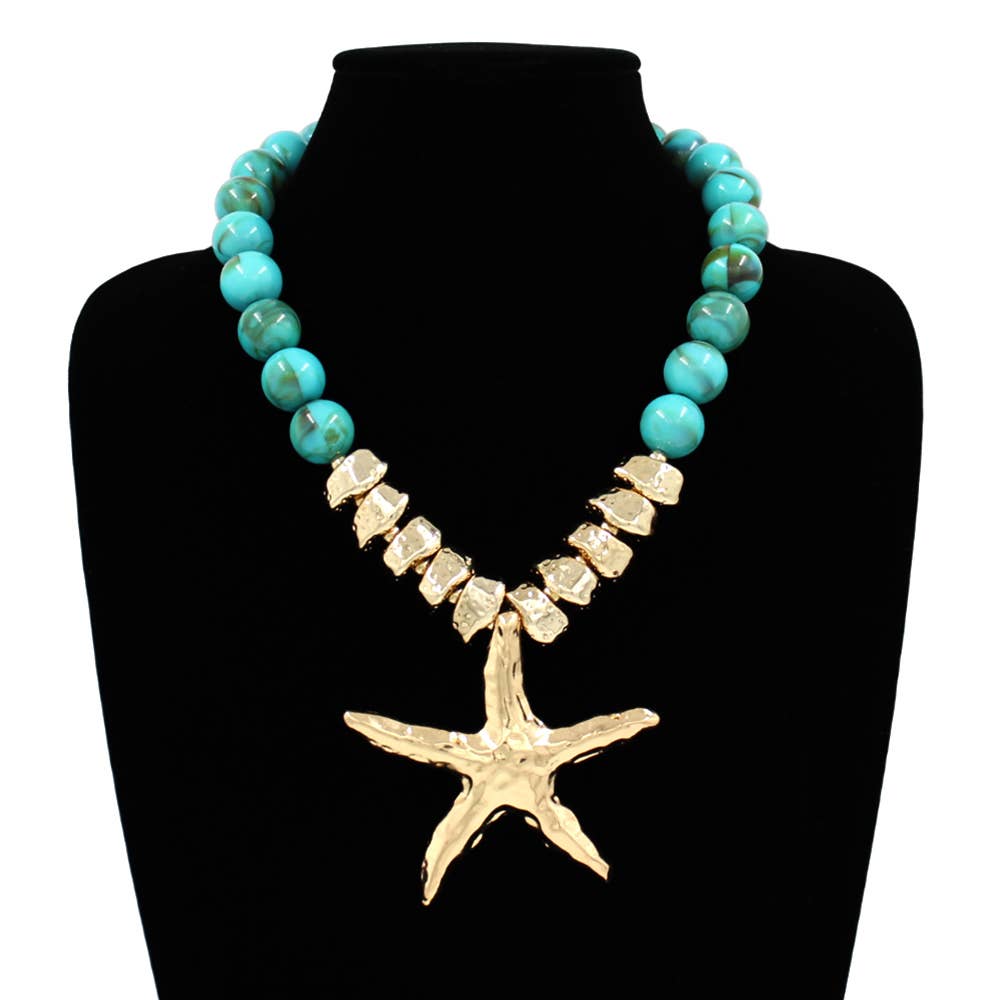 Bold Texture Metal Starfish Pendant Accent Beaded Statement Necklace