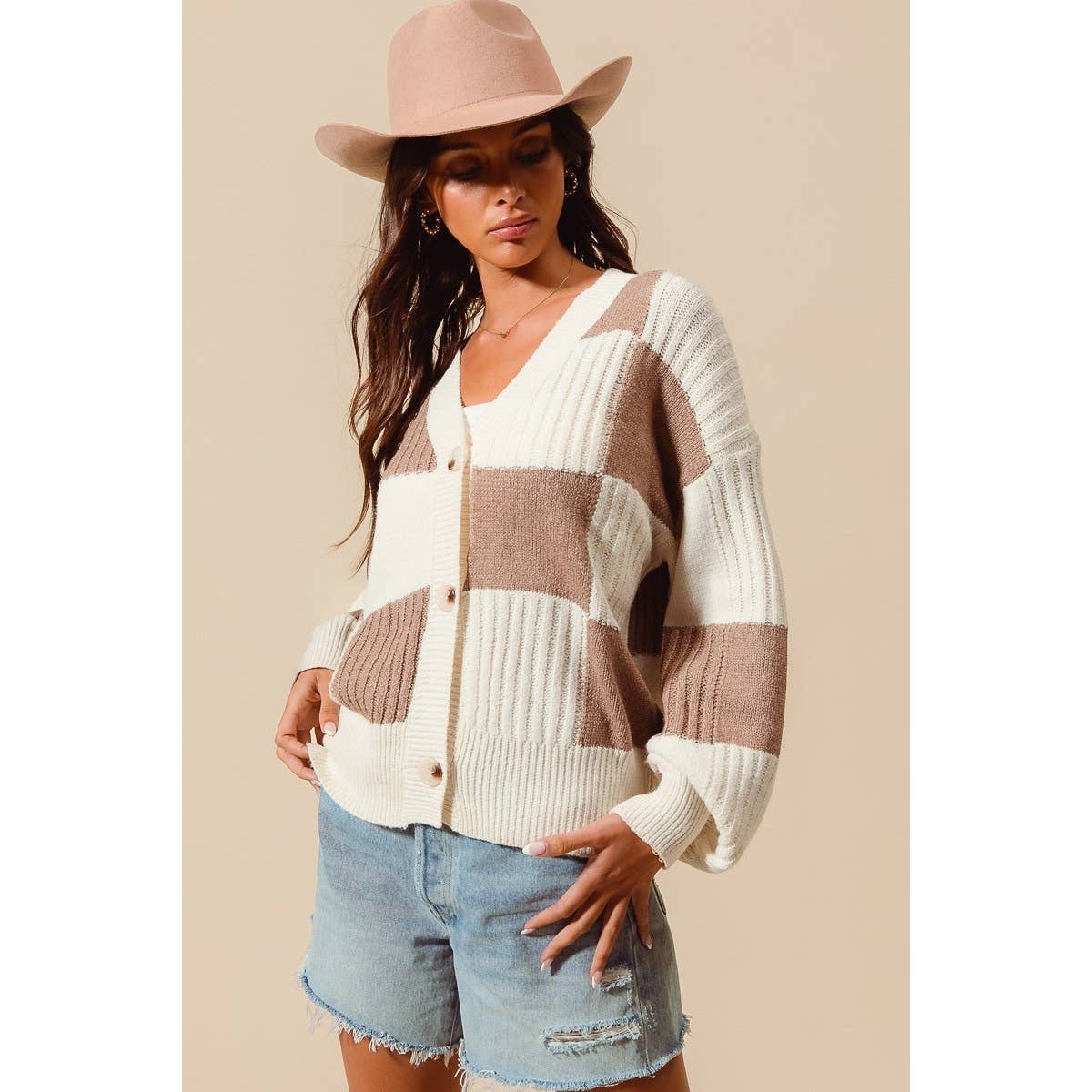 CHECKERED BUTTON FRONT TEXTURED SWEATER CARDIGAN