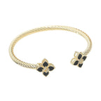 14K Gold Plated Two Tone CZ Center Floral Tip Twisted Cuff Bracelet