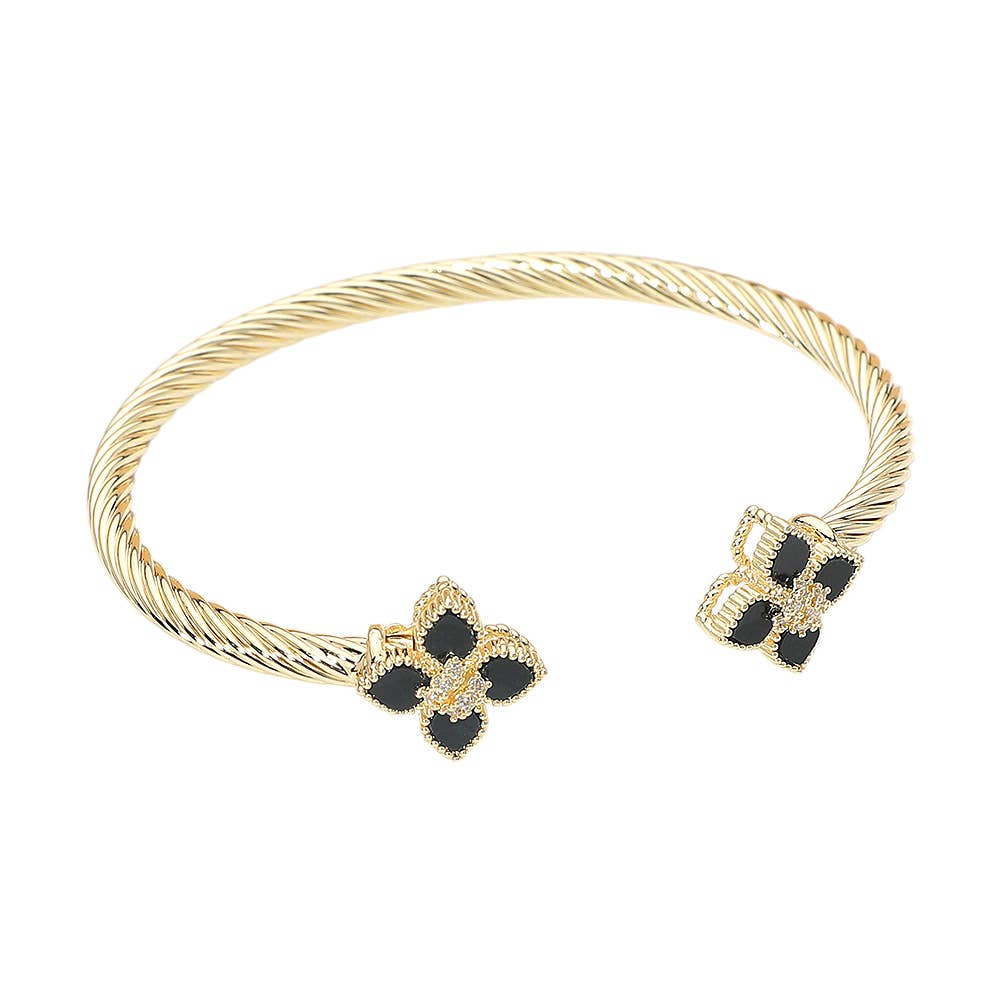 14K Gold Plated Two Tone CZ Center Floral Tip Twisted Cuff Bracelet