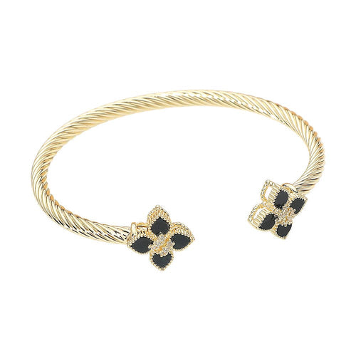 14K Gold Plated Two Tone CZ Center Floral Tip Twisted Cuff Bracelet