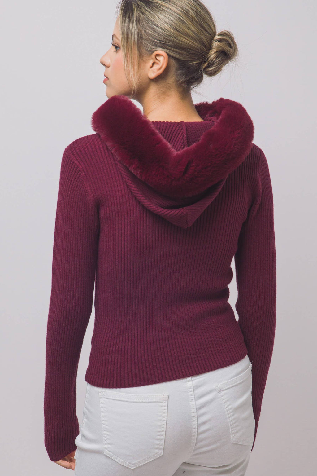 Faux-fur Trim Hooded Zip-up Sweater