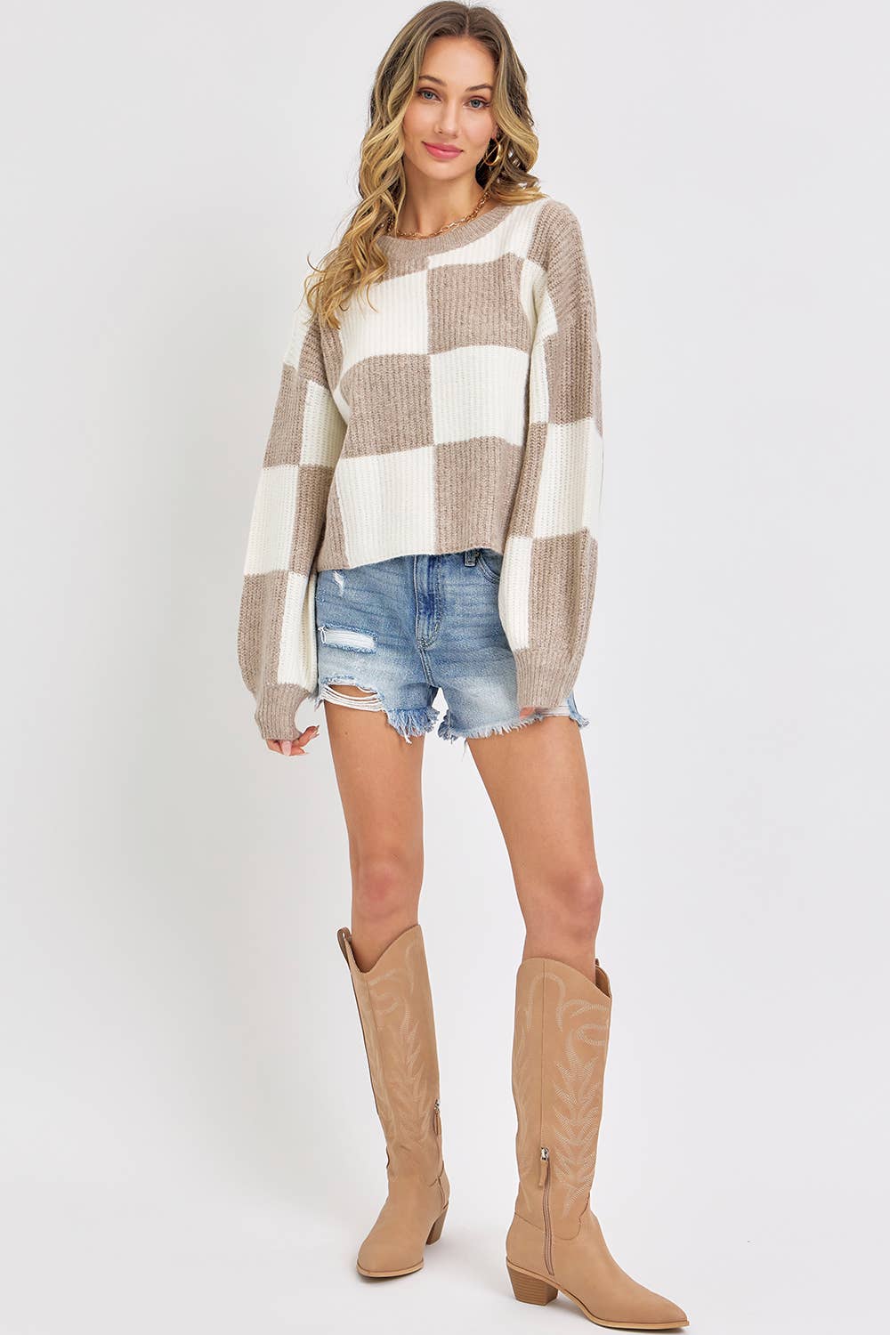 CASUAL SOFT COZY  RELAXED FIT CHECKER KNIT SWEATER