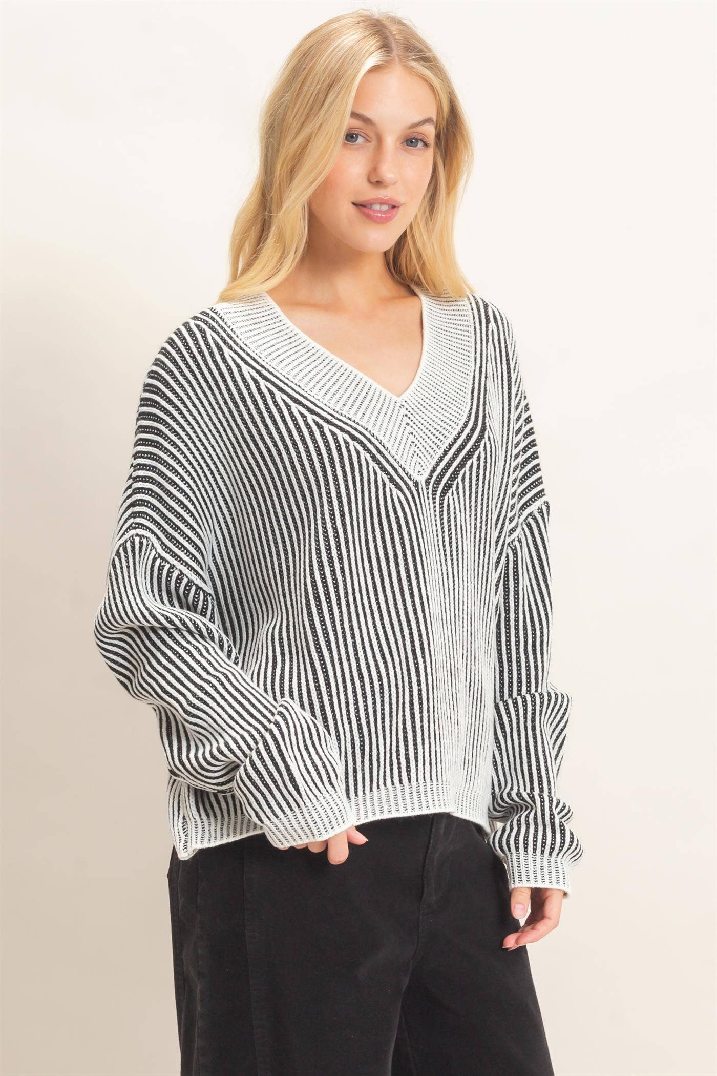 Striped V-neck Ribbed Sweater