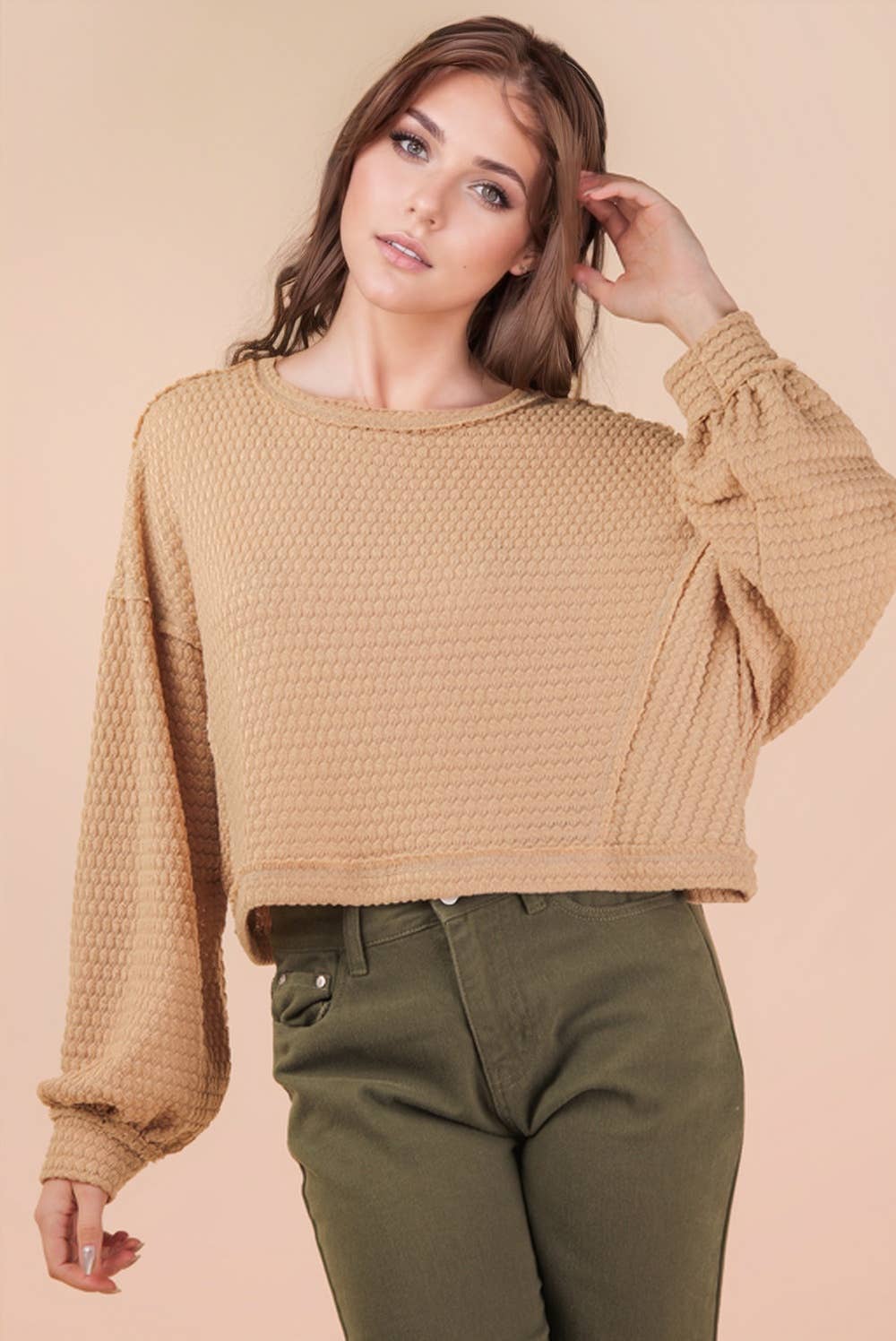 NT11982-Oversized Waffle Solid Knit Causal Top