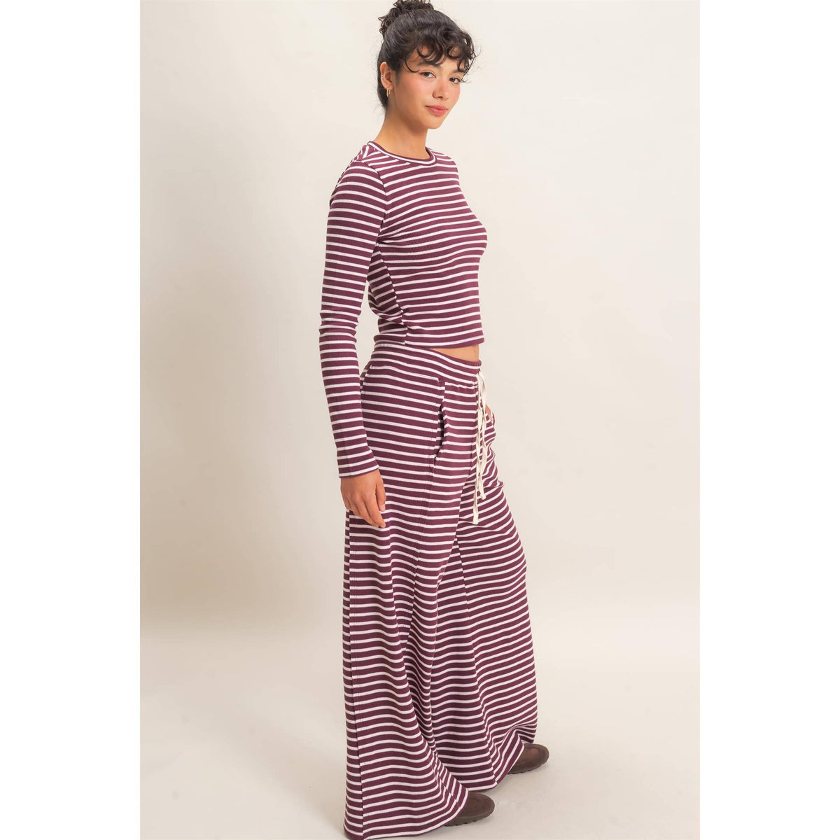 Striped Waffle Long Sleeve Top & Pants Set