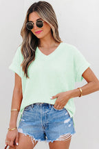 Waffle Texture V Neck Short Sleeve Knit Top | S-XL