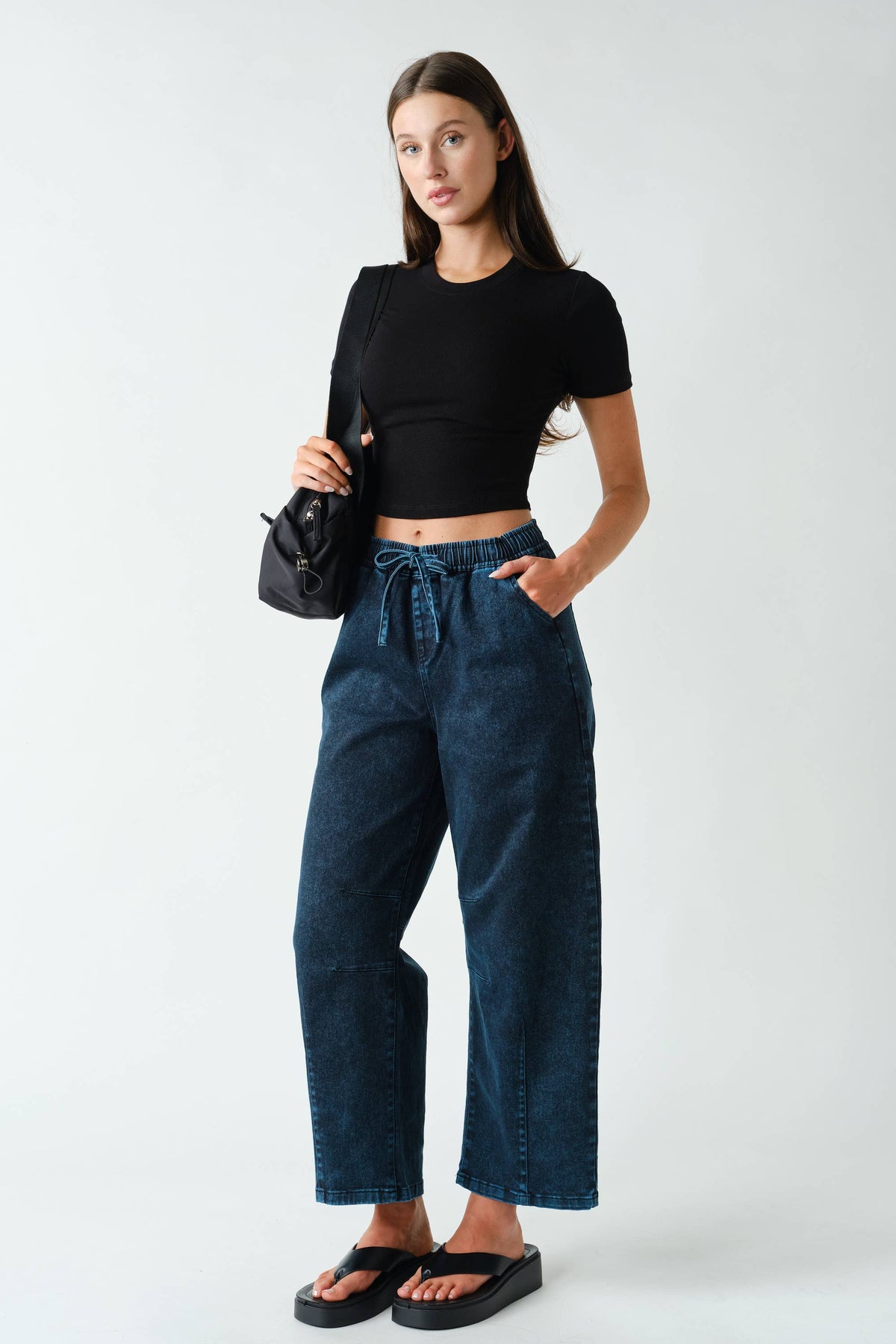 Denim Acid-Wash Drawstring Pull-On Pants