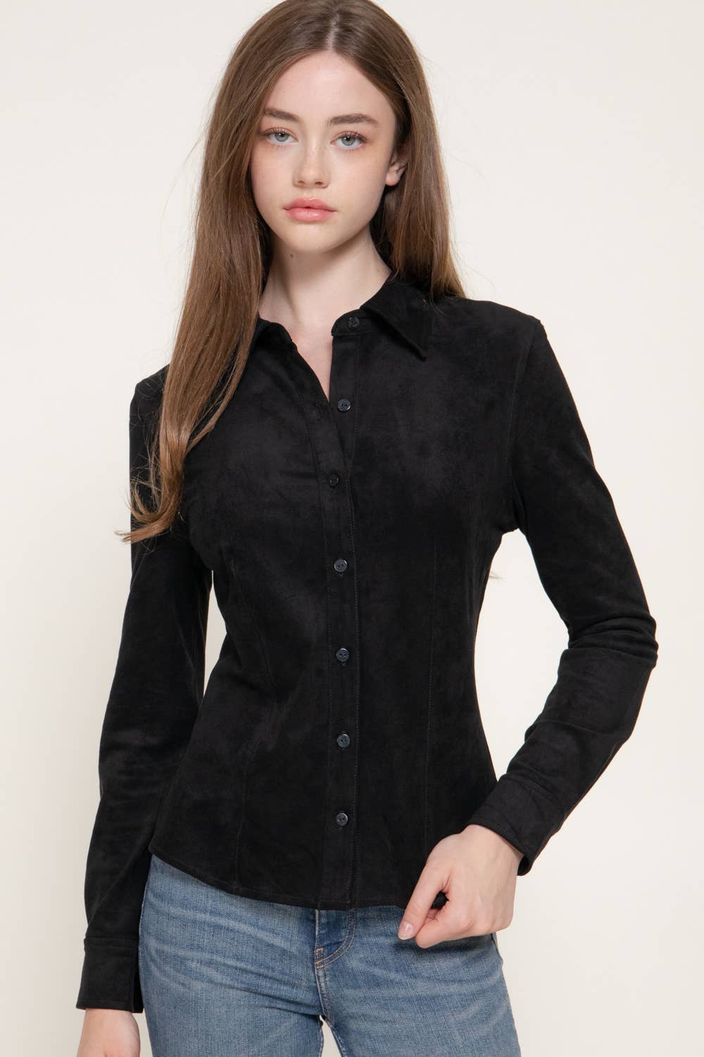 Long Sleeve Button Down Stretch Faux Suede Shirt