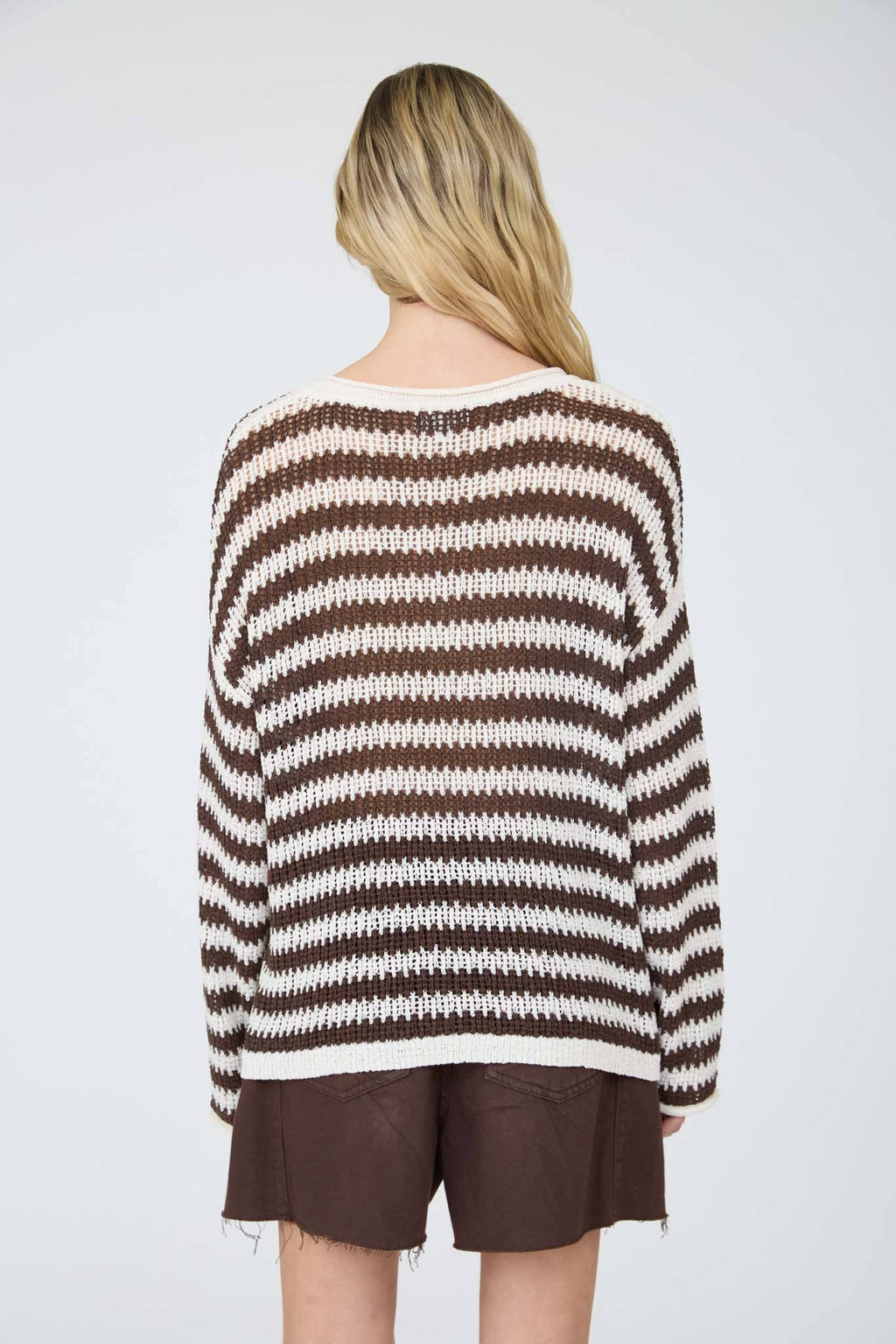 STRIPE RAW EDGE SPLIT NECK SHEER KNIT SWEATER